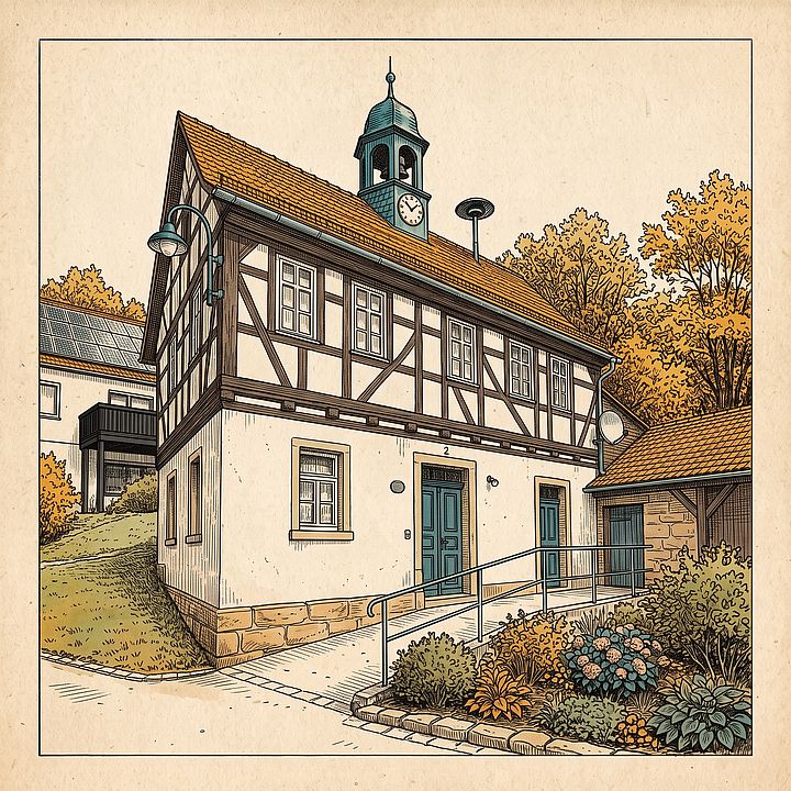 Eine quadratische Grafik im Stil einer detaillierten Strichzeichnung auf beigem Papier, eingefasst von einem feinen schwarzen Rahmen. Im Zentrum steht ein zweigeschossiges historisches Gebäude mit massivem hellem Erdgeschoss und Sichtfachwerk im Obergeschoss. Auf dem ziegelgedeckten Satteldach sitzt ein offener Dachreiter mit Uhr und kleiner Zwiebelhaube, der in feinem Blaugrün (Teal) akzentuiert ist. Vor dem Haus führt ein ansteigender gepflasterter Weg mit Metallgeländer zum Eingang. Ein dicht bepflanztes Beet mit Blumen und Sträuchern setzt farbliche Akzente in Orange und Teal vor der Fassade. Das Gebäude und Nebengebäude sind mit präzisen Schraffuren in schwarzer Tuscheoptik dargestellt.