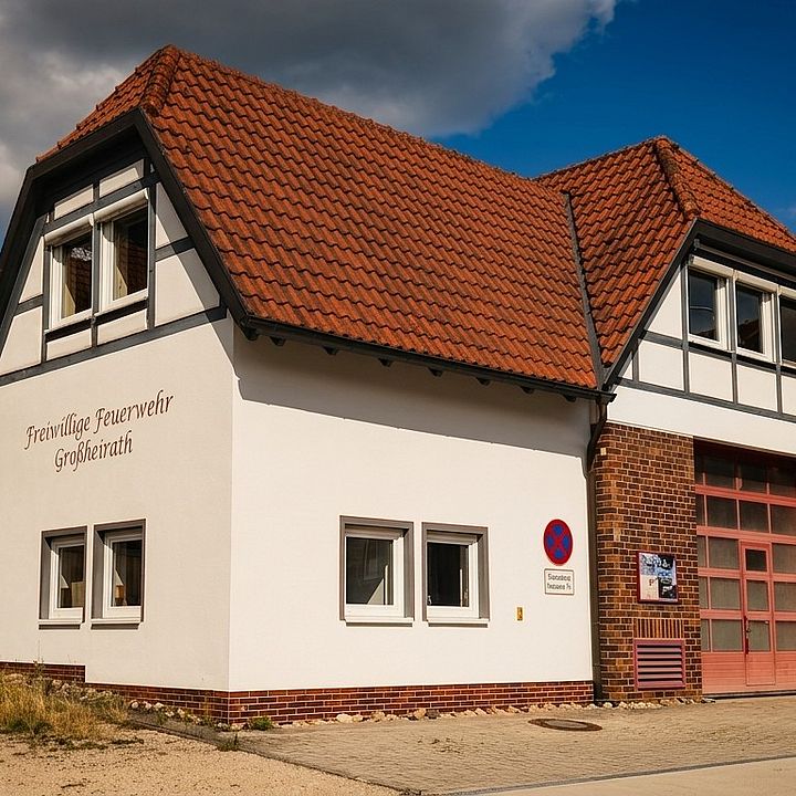 Zweistöckiges Feuerwehrhaus mit weißer Putzfassade, braunem Ziegeldach und Fachwerk-Elementen an den Giebeln. Auf der linken Wandseite befindet sich der Schriftzug Freiwillige Feuerwehr Großheirath, im rechten Gebäudeteil ist ein rotes Rolltor in eine Backsteinmauer eingelassen.