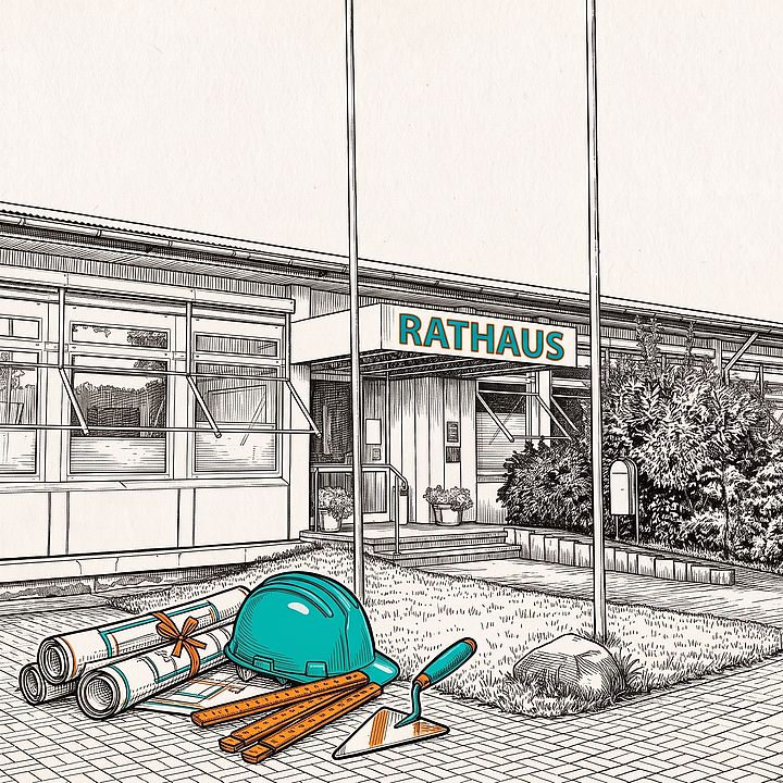 Eine detailreiche Schwarz-Weiß-Zeichnung der Außenansicht des Rathauses in Großheirath. Auf dem Vordach über dem Eingang steht der Schriftzug "RATHAUS" in dunkelgrünen Buchstaben. Im Vordergrund liegen auf dem gepflasterten Vorplatz verkleinerte symbolische Bauutensilien: ein blauer Bauhelm, gerollte Baupläne, ein gelber Zollstock und eine Maurerkelle. Diese Gegenstände heben sich als farbliche Akzente in Blau-, Orange- und Gelbtönen vom ansonsten schwarz-weißen Bild ab.