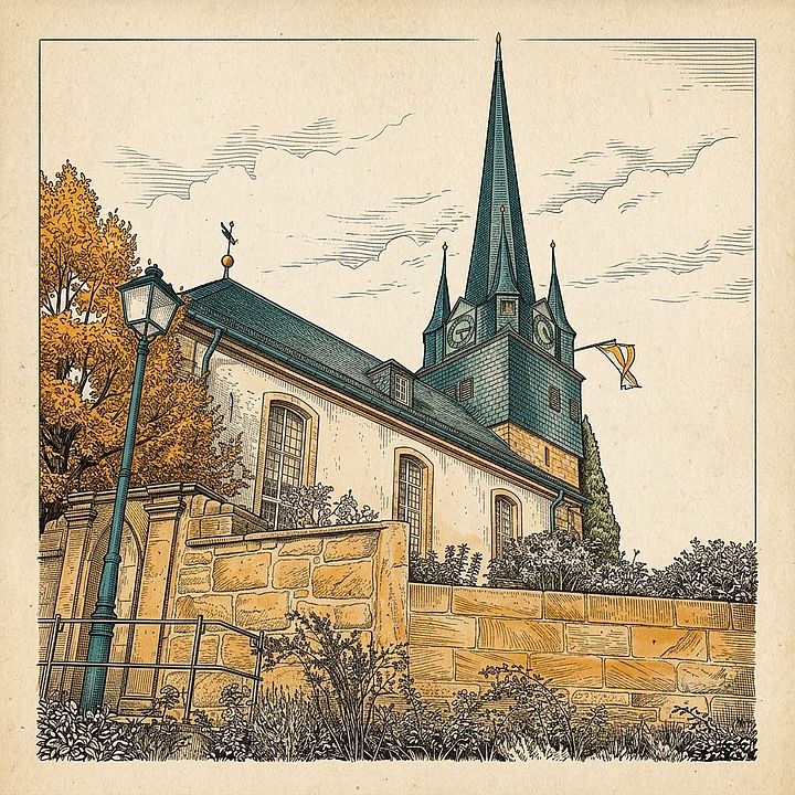 Eine quadratische Grafik im Stil einer detaillierten historischen Strichzeichnung (Radierung) auf getöntem Papier. Sie zeigt eine schräge Ansicht einer Kirche, die hinter einer massiven, abgestuften Sandsteinmauer liegt. Das Gebäude hat ein helles Kirchenschiff und einen markanten, hohen, dunkel gedeckten Kirchturm mit einer sehr spitzen, achteckigen Turmspitze und kleineren Ecktürmchen, die in Blaugrün (Teal) hervorgehoben sind. Auf dem Turm befinden sich Zifferblätter der Kirchuhr. Am linken Bildrand ist eine historische Straßenlaterne in Blaugrün zu sehen, daneben herbstliches Gebüsch und ein Baum in warmen Orangetönen. Die Sandsteinmauer und das Dach des Kirchenschiffs weisen ebenfalls warme Ocker- und Orangetöne auf. Der Himmel ist mit feinen Linien schraffiert. Eine kleine, dekorative Flagge weht an der Turmseite.