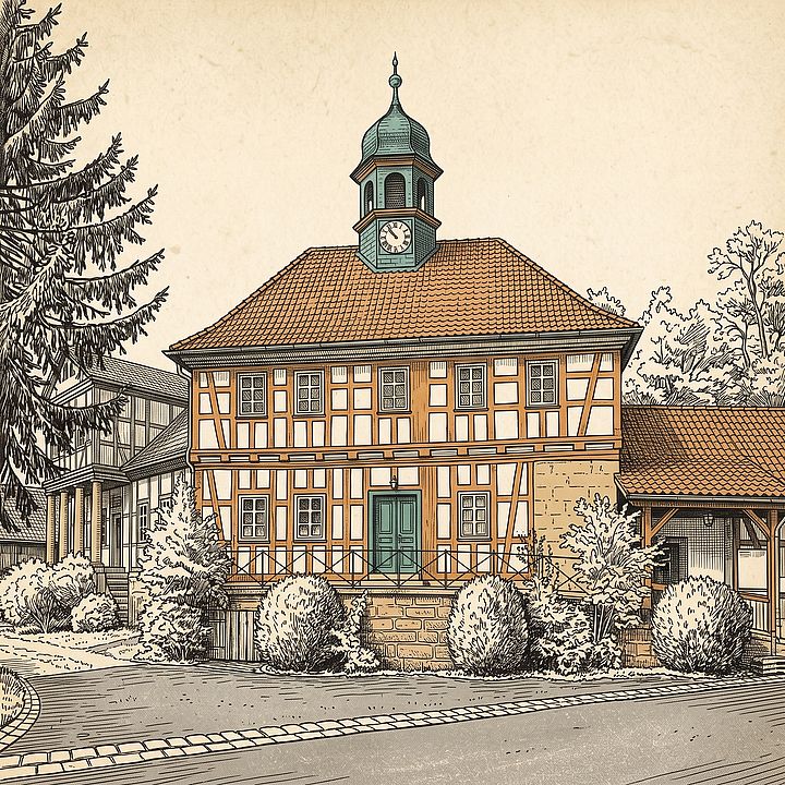 Eine quadratische Grafik im Stil einer detaillierten Strichzeichnung. Im Zentrum steht ein historisches Fachwerkhaus mit einem Ziegeldach und einem kleinen, detailreichen Uhrentürmchen auf dem Dachfirst. Das Fachwerk und das Dach sind in warmen Orangetönen gehalten, während das Türmchen und die Eingangstür in Blaugrün beziehungsweise Teal hervorgehoben sind. Das Gebäude steht an einer gepflasterten Straße und ist von Sträuchern und Nadelbäumen umgeben, die als Schwarz-Weiß-Zeichnung im Hintergrund bleiben.